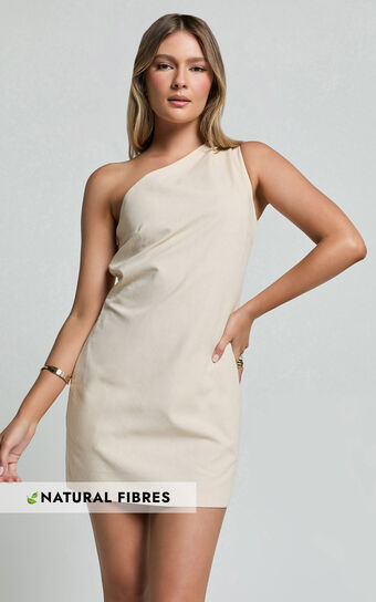 Mardelle Mini Dress - Linen Look One Shoulder Shift Dress in Neutral