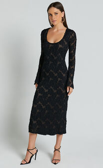 Kathy Midi Dress - Scoop Neck Long Sleeve Jacquard Textured Dress in Black