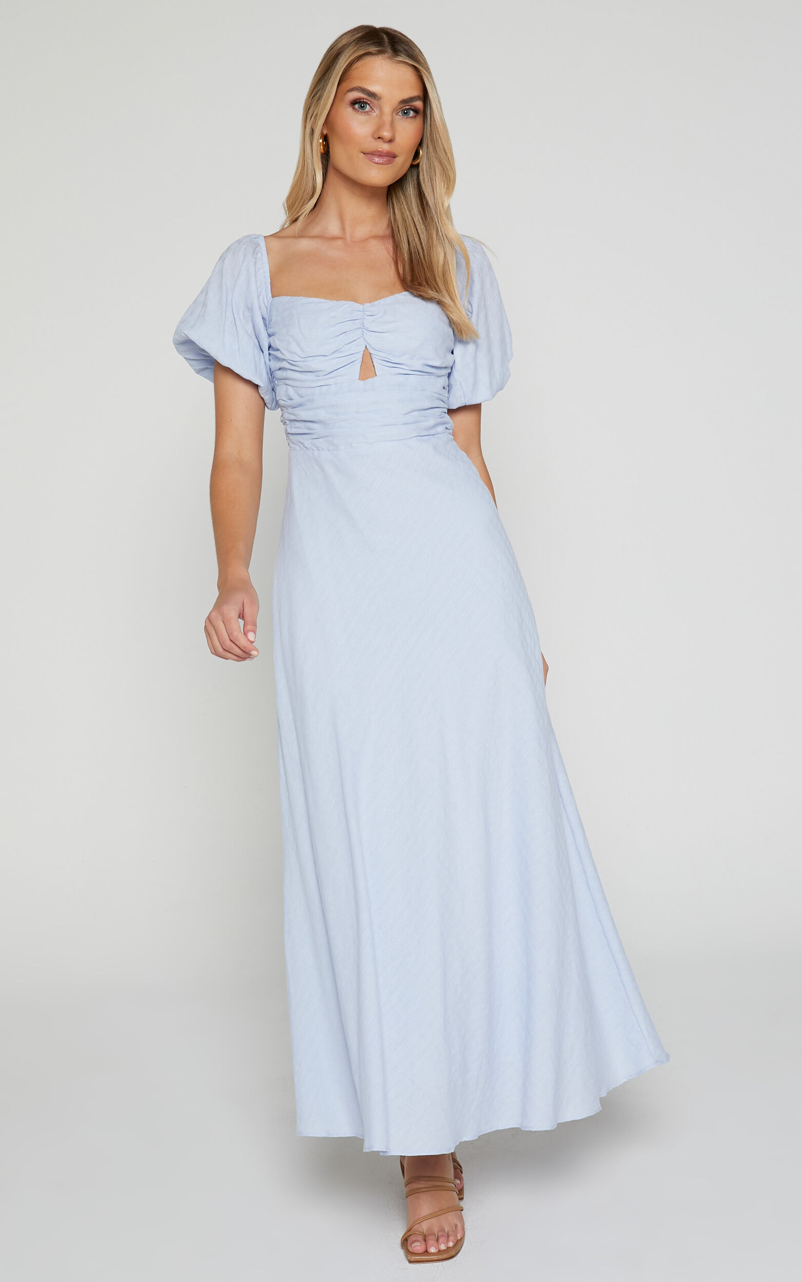 Vynna Midi Dress Scoop Neck Puff Sleeve Ruched Bust A Line Dress in Blue Showpo