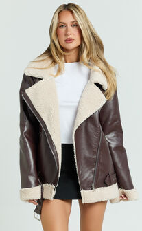 Claudette Jacket - Faux Leather Shearling Oversized Biker Jacket in Dark Chocolate
