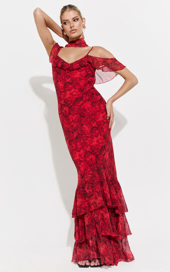 Riley Maxi Dress - Asymmetric Ruffle Detail Maxi Dress in Red Rose Print