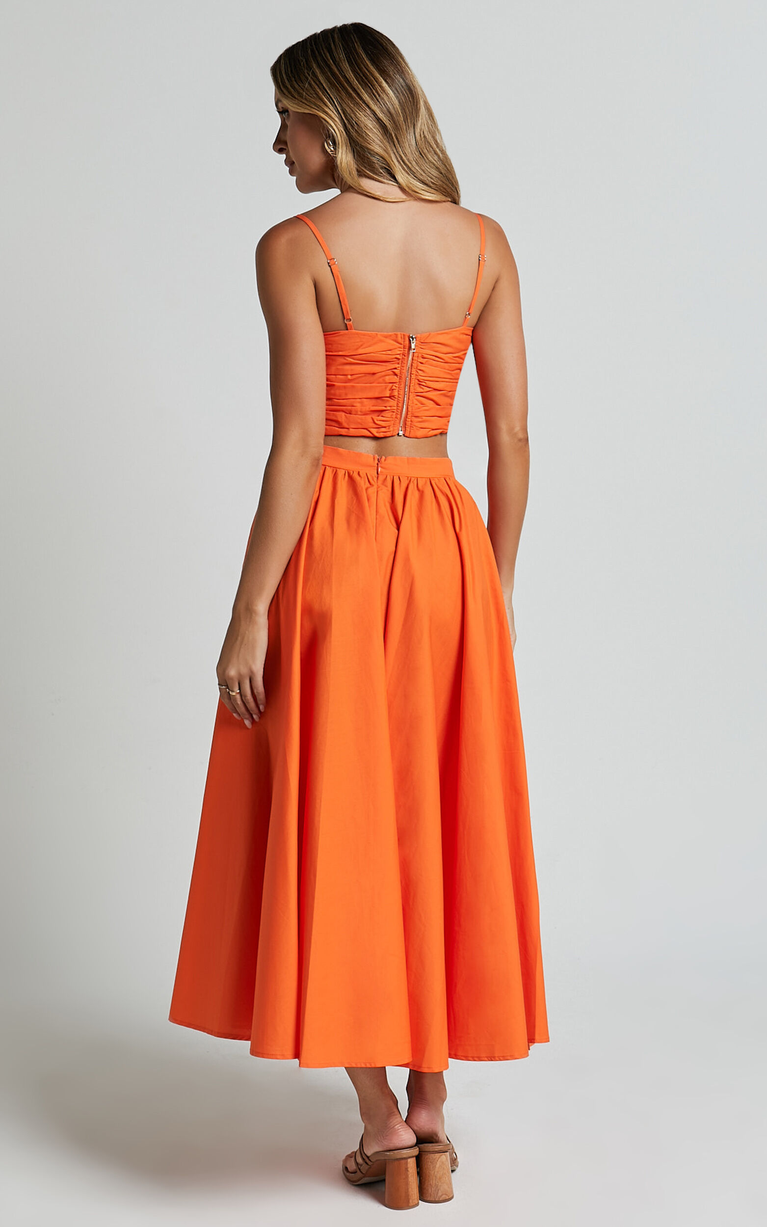 Astrid Two Piece Set - Ruched Chest Top and Midi Skirt Set in Orange ...