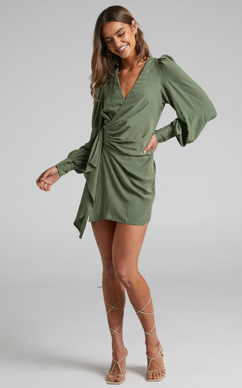Bellefleur Mini Dress - Faux Wrap Dress in Khaki