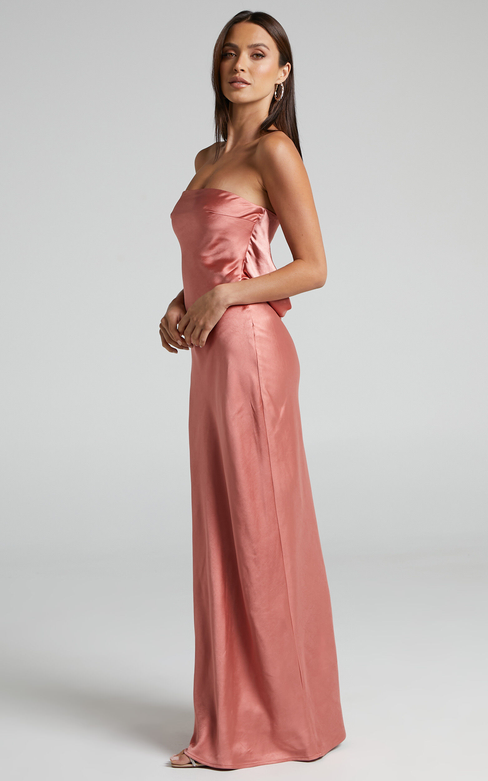 Charlita Maxi Dress Strapless Cowl Back Satin Dress in Peach Showpo