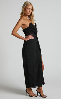 Raquella Midi Dress - Twist Front Thigh Split Strapless Dress in Black