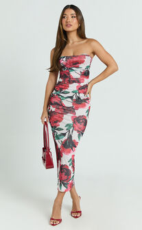 Enid Midi Dress - Sweetheart Neck Ruched Bodycon Dress in Rose Blanca