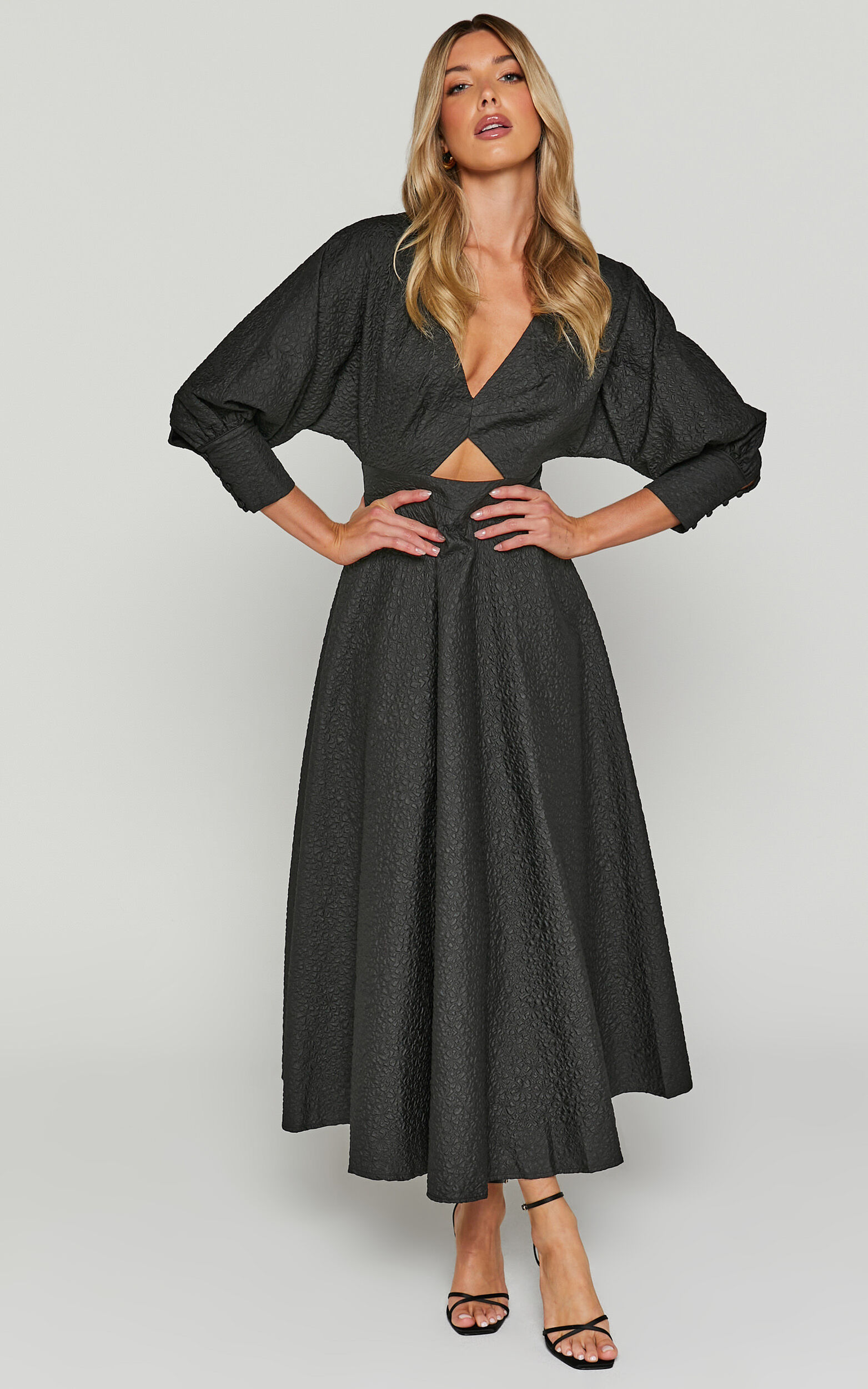 Ashtina Midi Dress - V Neck Cut Out Puff Sleeve Dress in Black - 04, BLK1