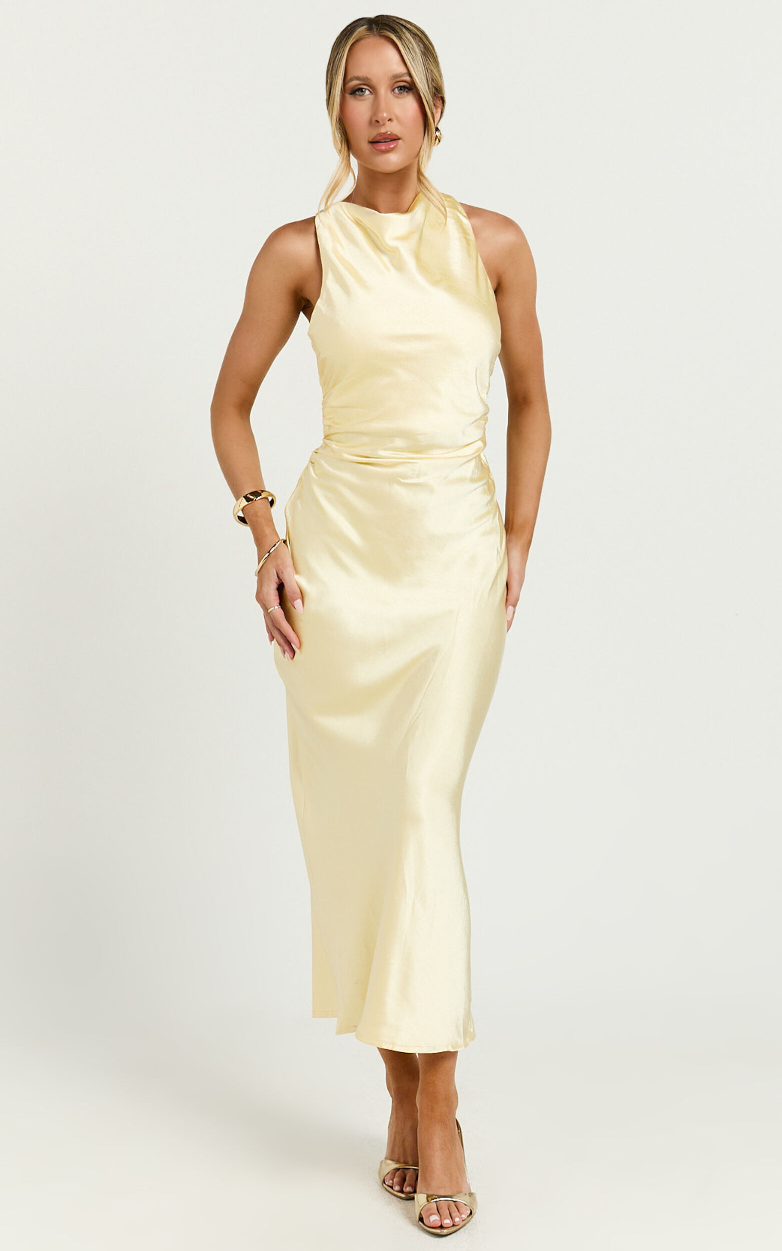 Aluna Midi Dress - High Neck Cross Back Satin Slip Dress in Lemon | Showpo