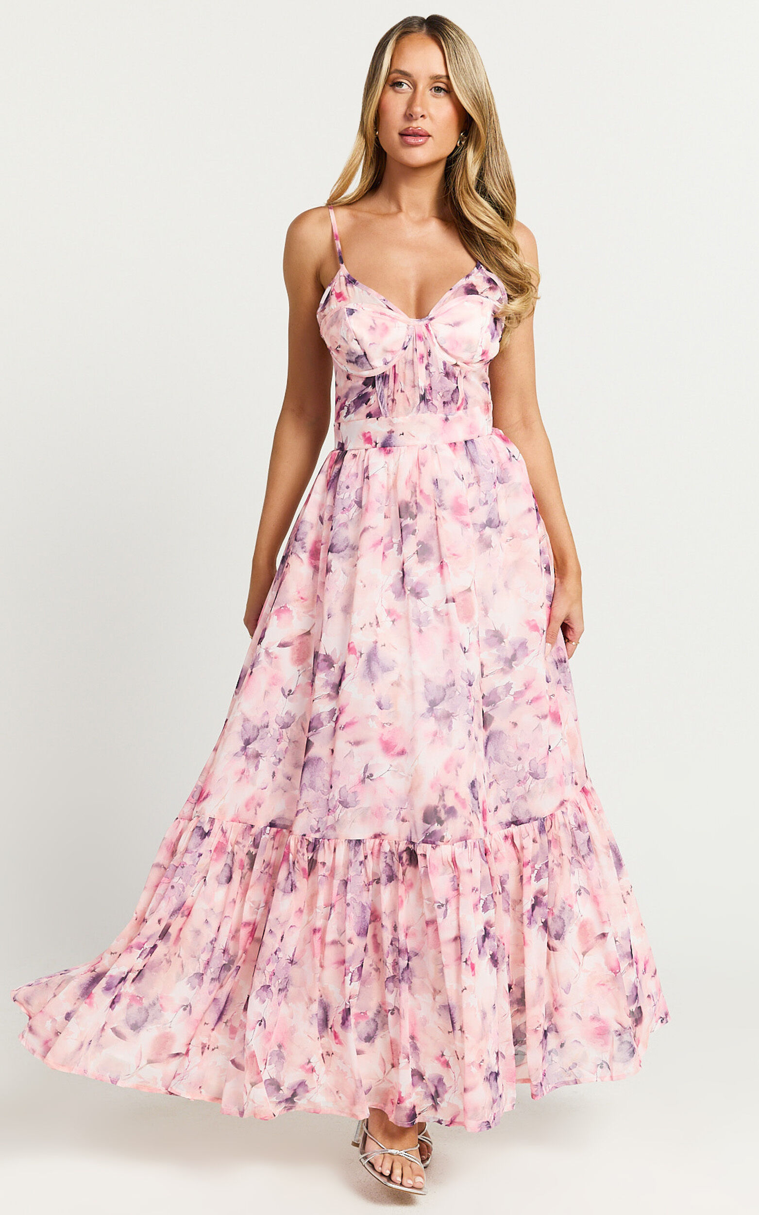 Amalie The Label - Martia Strappy Corset Flare Dress in Adeline Floral Print - 06, PNK1