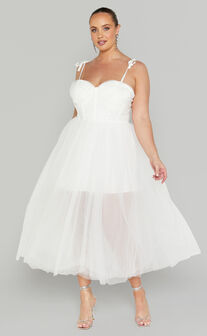 Aisha Midi Dress - Bustier Bodice Tulle Dress in White