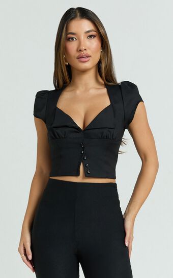 Ella Top - Square Neck Button Through Crop Top in Black