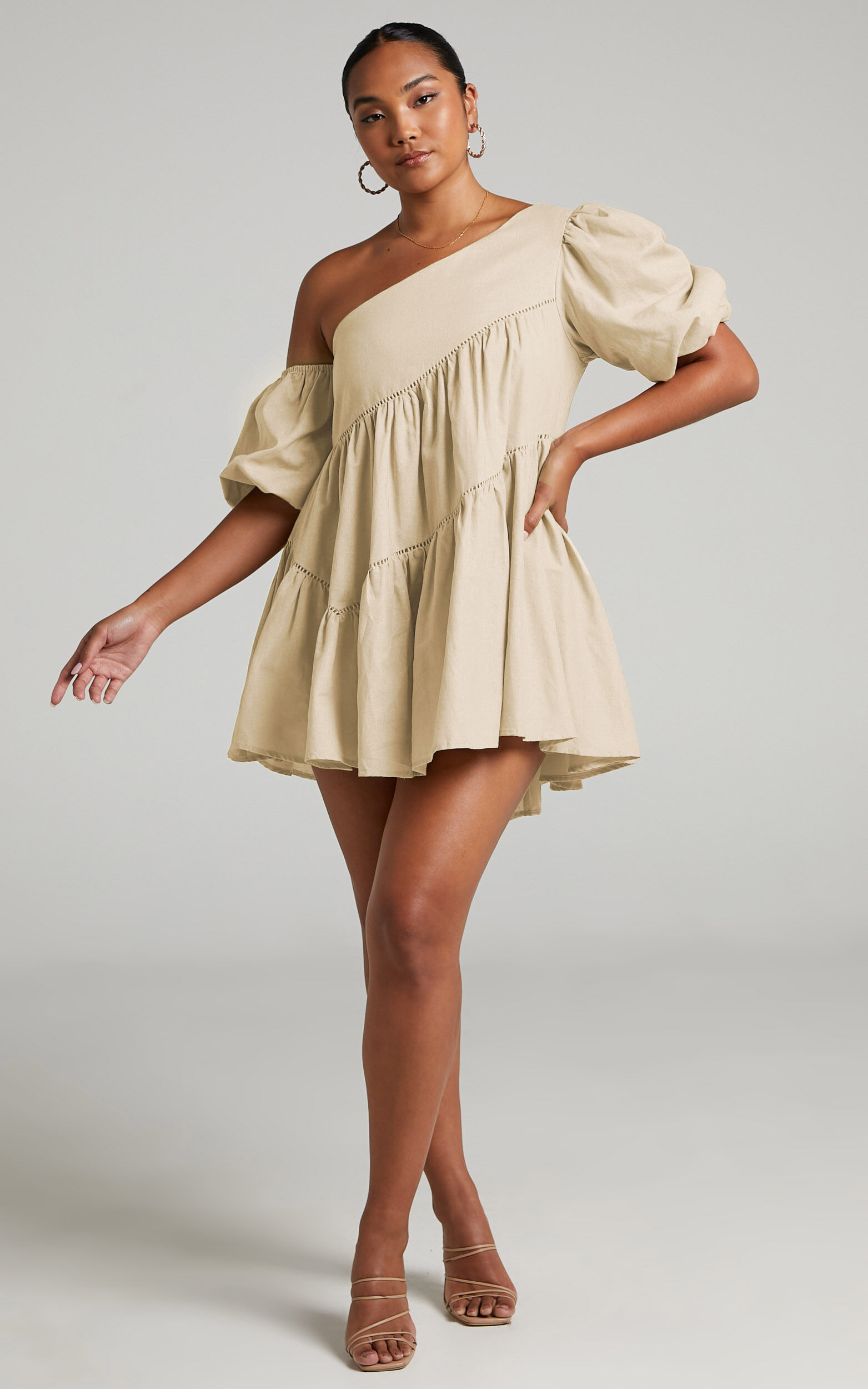 Harleen Mini Dress Linen Look Asymmetrical Trim Puff Sleeve Dress in Beige Showpo
