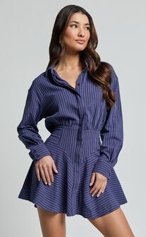 Whitney Mini Dress - Linen Look Long Sleeve Shirt Dress in Navy