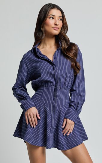 Whitney Mini Dress - Linen Look Long Sleeve Shirt Dress in Navy