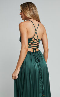 I Want The World To Know Midi Dress - Thigh Split Tie Back Dress in Emerald