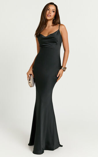 Lunaria Maxi Dress - Cowl Mermaid Slip Dress in Black