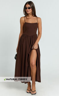 Morris Midi Dress - Linen Scoop Neck Gathered Dress in Chocolate