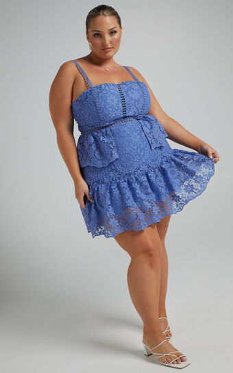 Monay Ruffle Hem Lace Mini Dress in Cornflower Blue