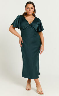 Amartina Midi Dress - V Neck Twist Bodice Flutter Sleeve Dress in Forest Green