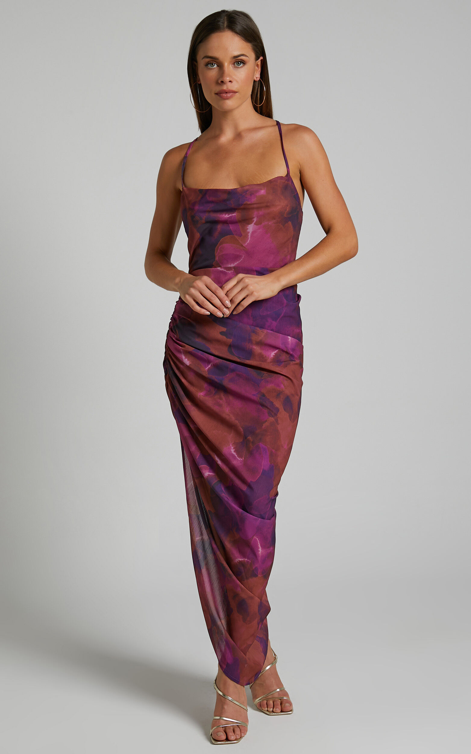Hermae Midi Linen Blend Dress - Ruched Side Split Tie Back Slip Dress in Blurred Dreams - 06, MLT1