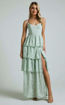 Janezkie Midi Dress - Femme Tiered Jacquard Formal Dress in Mint