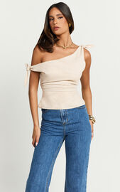 Ivy Top - Linen Look Off Shoulder Tie Top in Oatmeal | Showpo USA