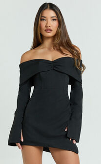 Cyrus Mini Dress - Off Shoulder Long Sleeve Fit And Flare Dress in Black