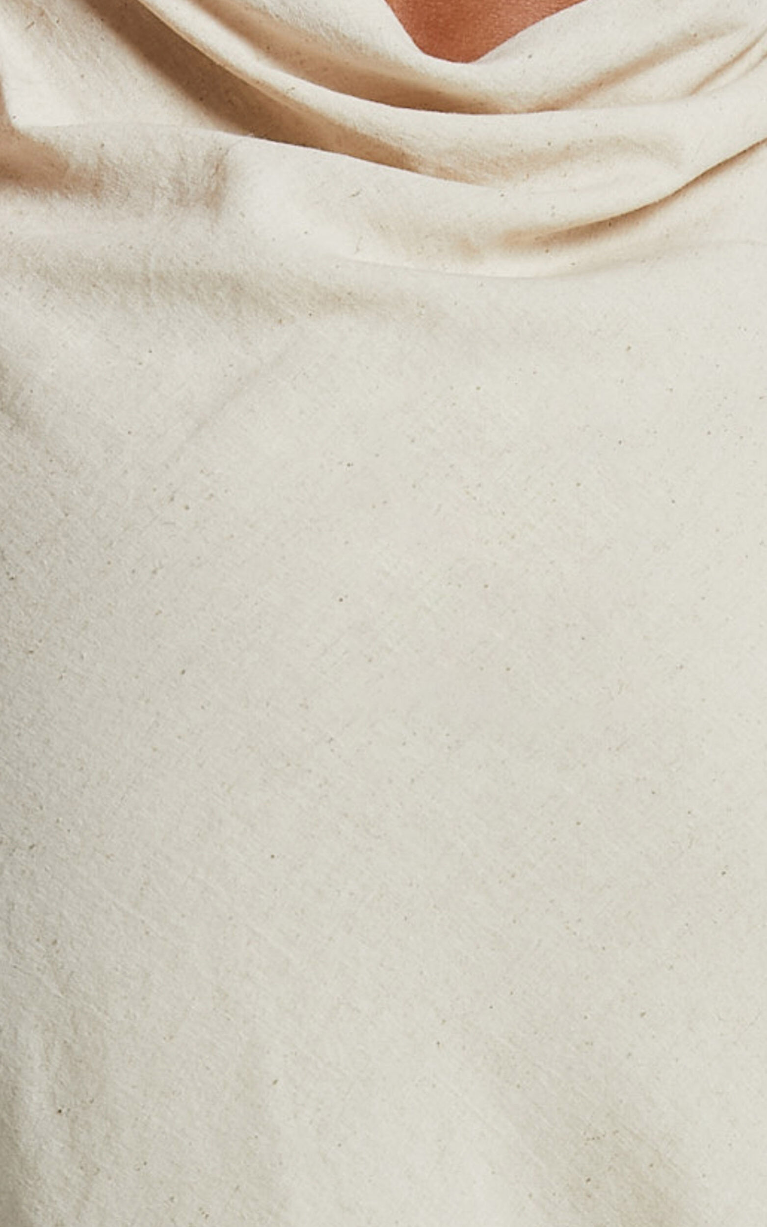 Dovie Midi Dress - Linen V Neck Low Back Cut Out Flare Dress in Beige and White | Showpo USA