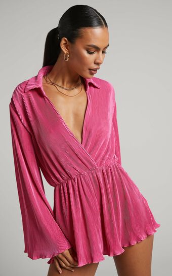 Elowen Playsuit - Plisse Collared Long Sleeve Playsuit in Pink