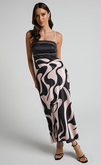 Angela Midi Dress - Thin Strap A Line Dress in Black & Cream Swirl