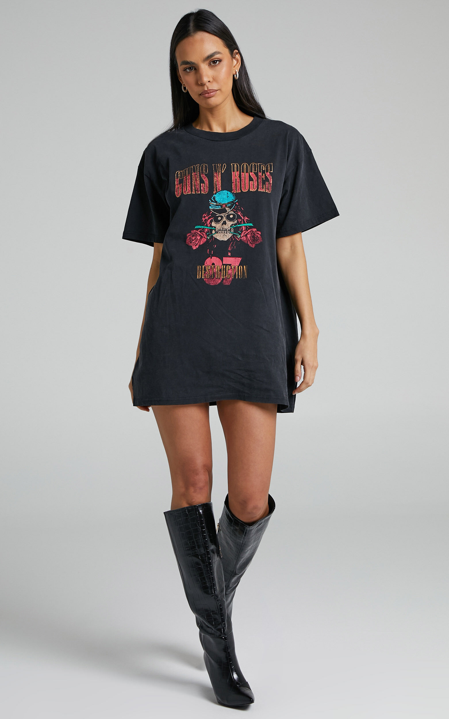 Universal Music Guns N Roses Tee Dress in Washed Black Showpo