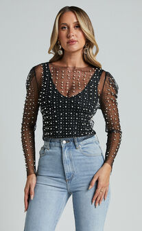 Illiana Top - Pearl Mesh Gathered Long Sleeve Top in Black