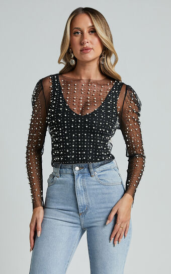 Illiana Top - Pearl Mesh Gathered Long Sleeve Top in Black