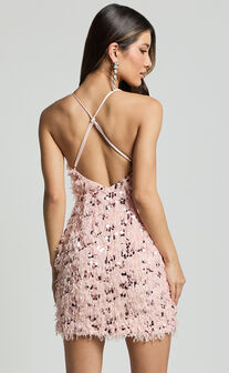 Spencer Mini Dress - Strappy V Neck Feather Sequin Dress in Light Pink