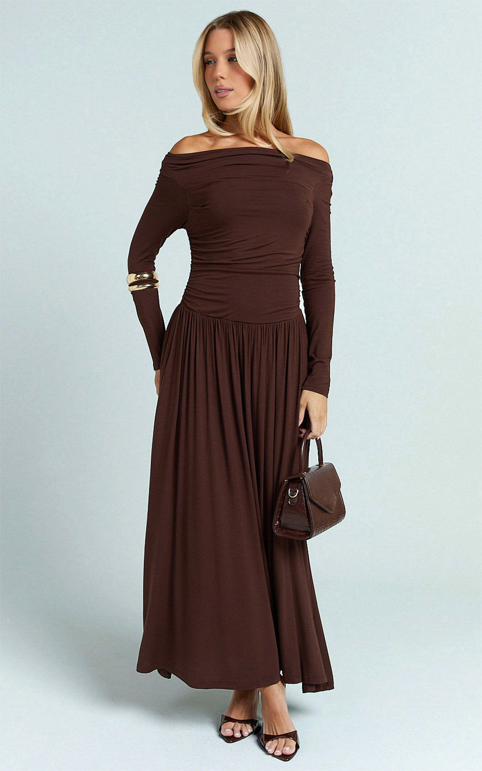 Antonia Maxi Dress - Off The Shoulder Long Sleeve Dress in Brown - XS, BRN1