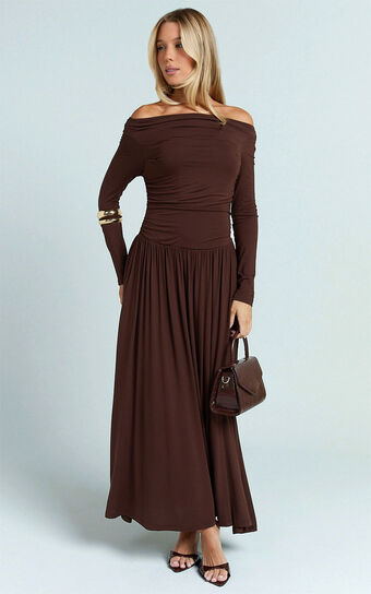 Antonia Maxi Dress - Off The Shoulder Long Sleeve Dress in Brown