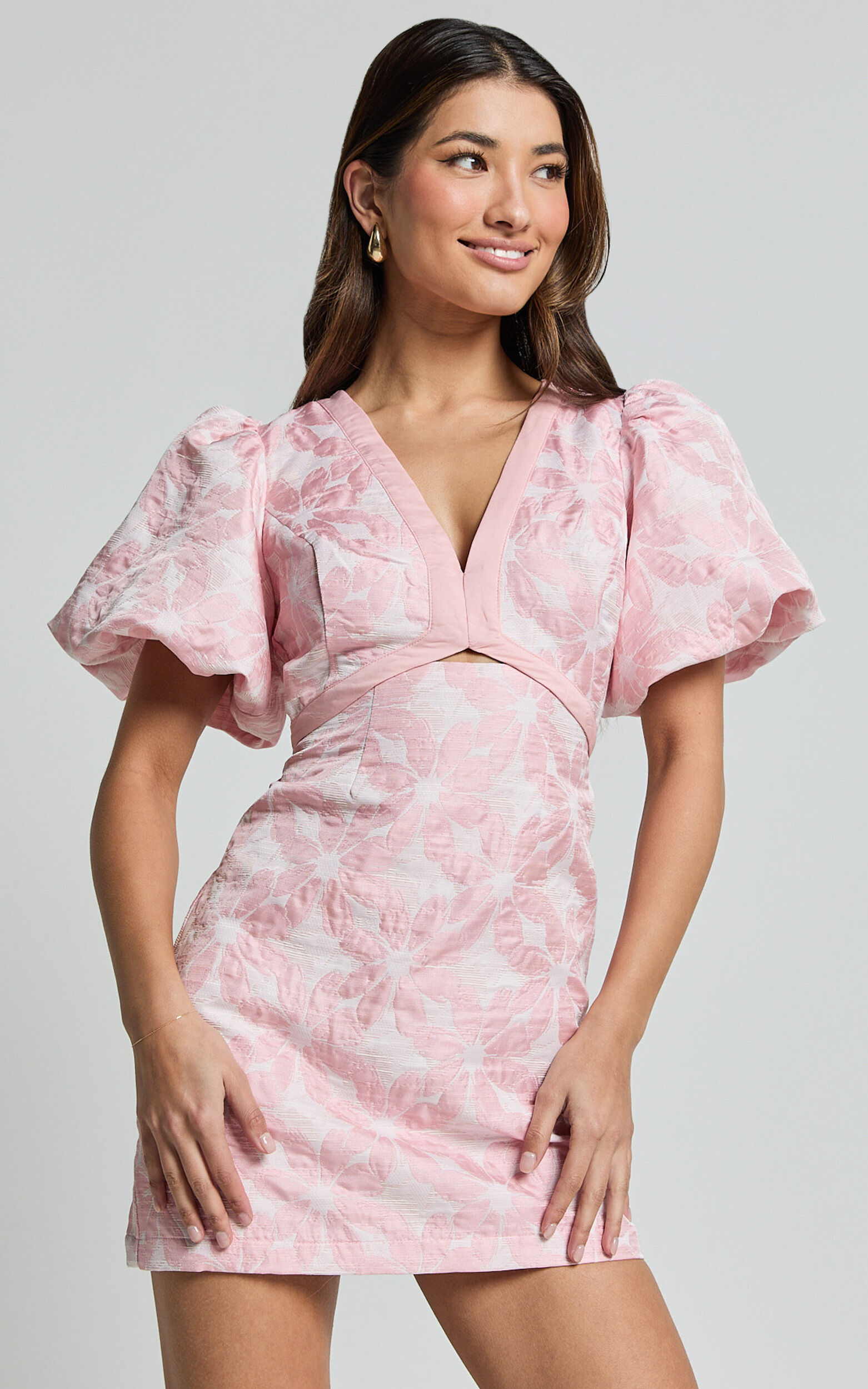 Diana Mini Dress Jacquard Short Sleeve Cut Out Dress in Light Pink Showpo USA