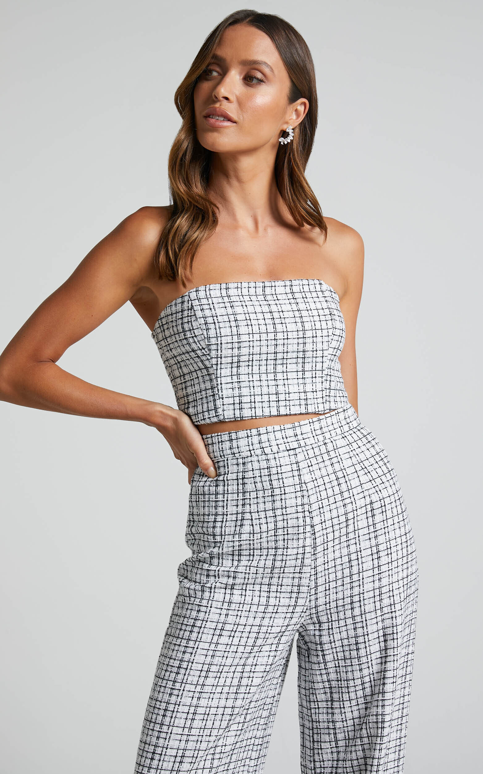 Icie Top - Tweed Strapless Crop Top in White & Black - 04, WHT1