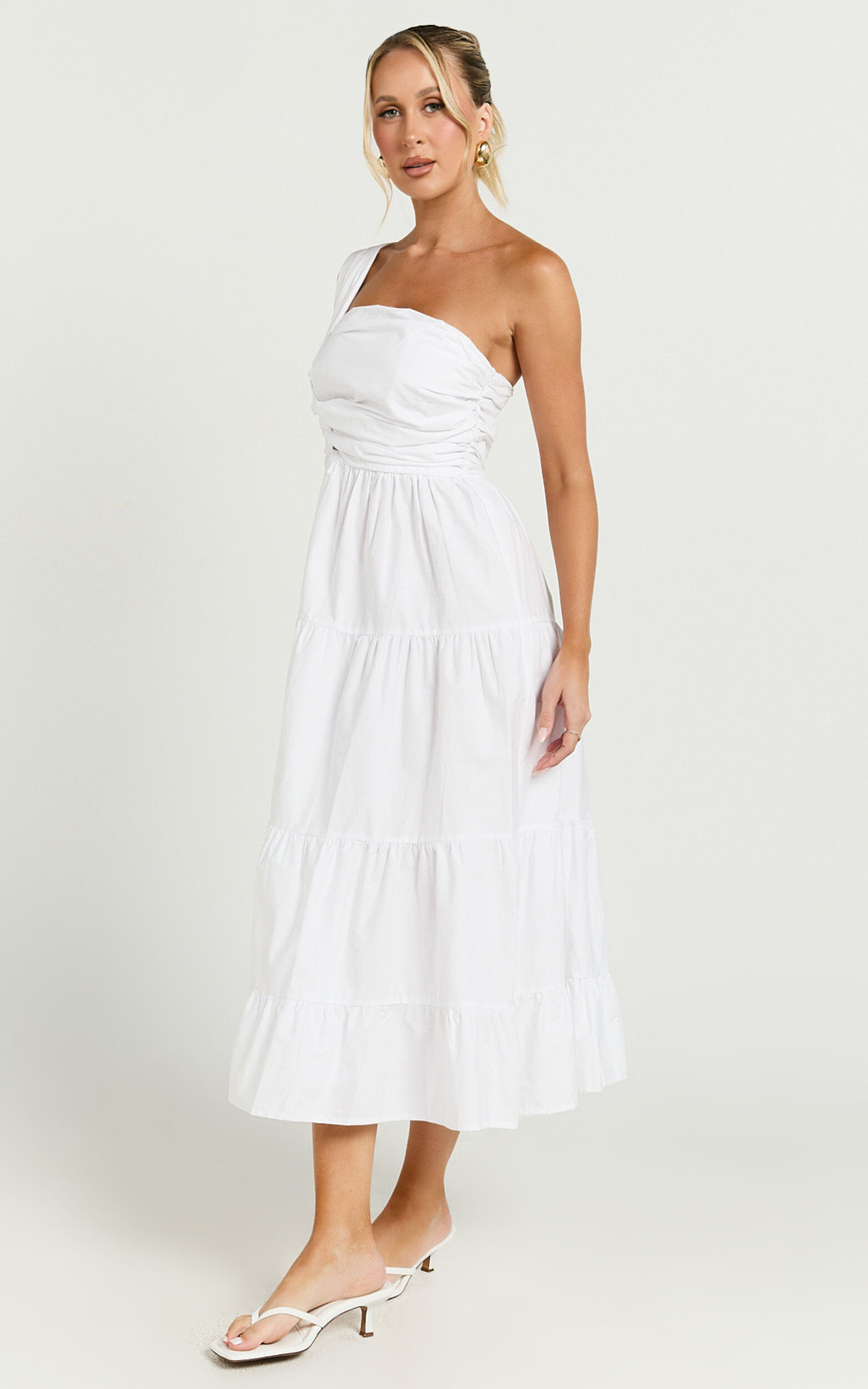 Stephanie Midi Dress - One Shoulder Tiered Midi Dress in White | Showpo
