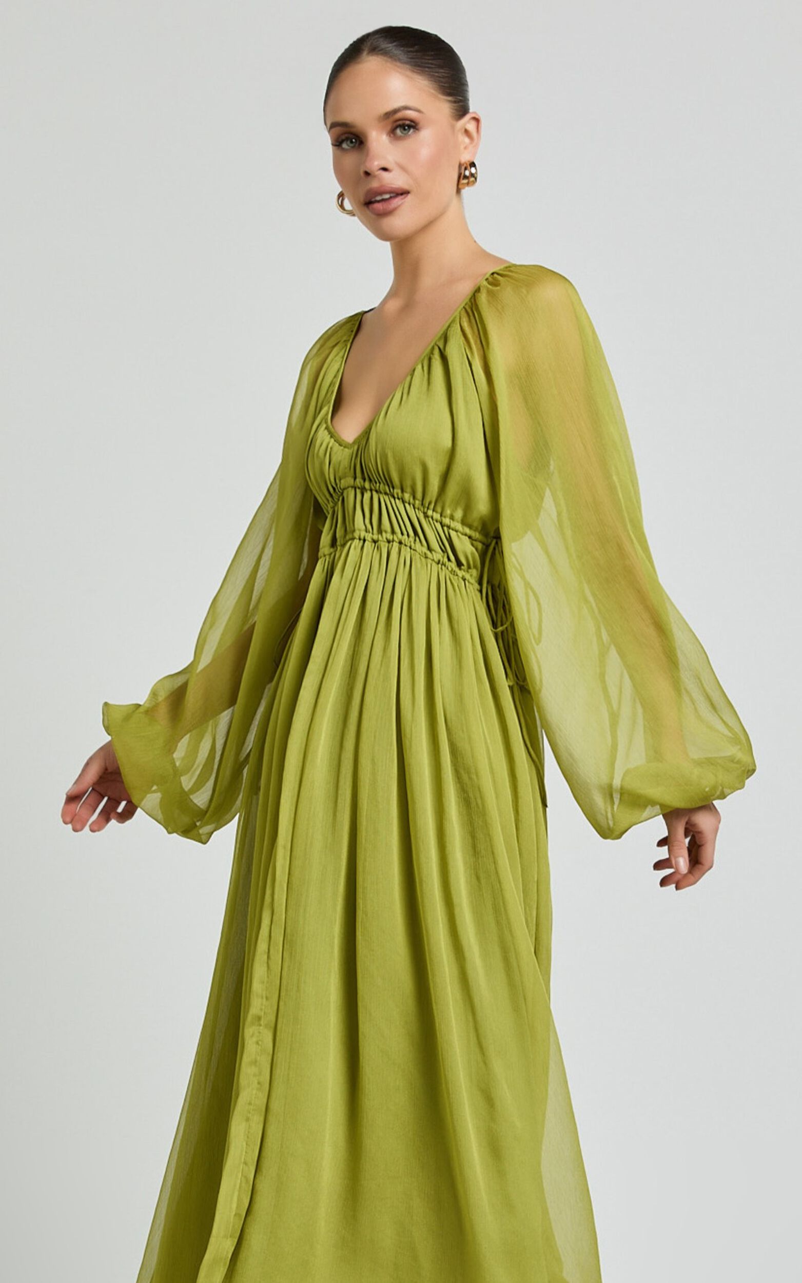 Roxanna Maxi Dress Long Sleeve Ruched Waist Dress in Green