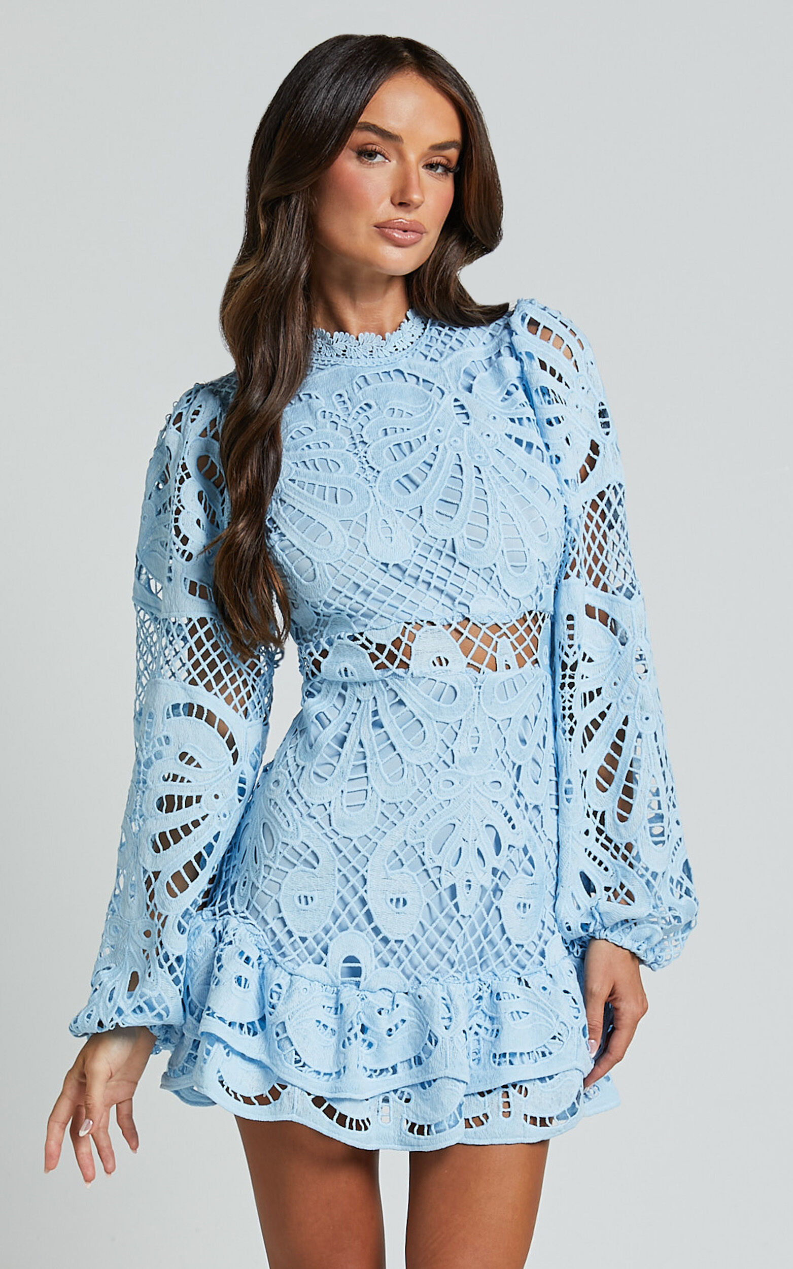 Kiss Me Now Mini Dress Long Puff Sleeve Dress in Soft Blue Showpo USA