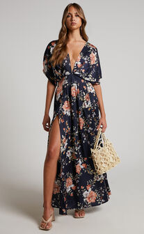 Vacay Ready Midi Dress - Plunge Thigh Split Dress in Navy Multi Floral