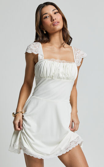 Emilee Mini Dress - Square Neck Cap Sleeve A Line Dress in White