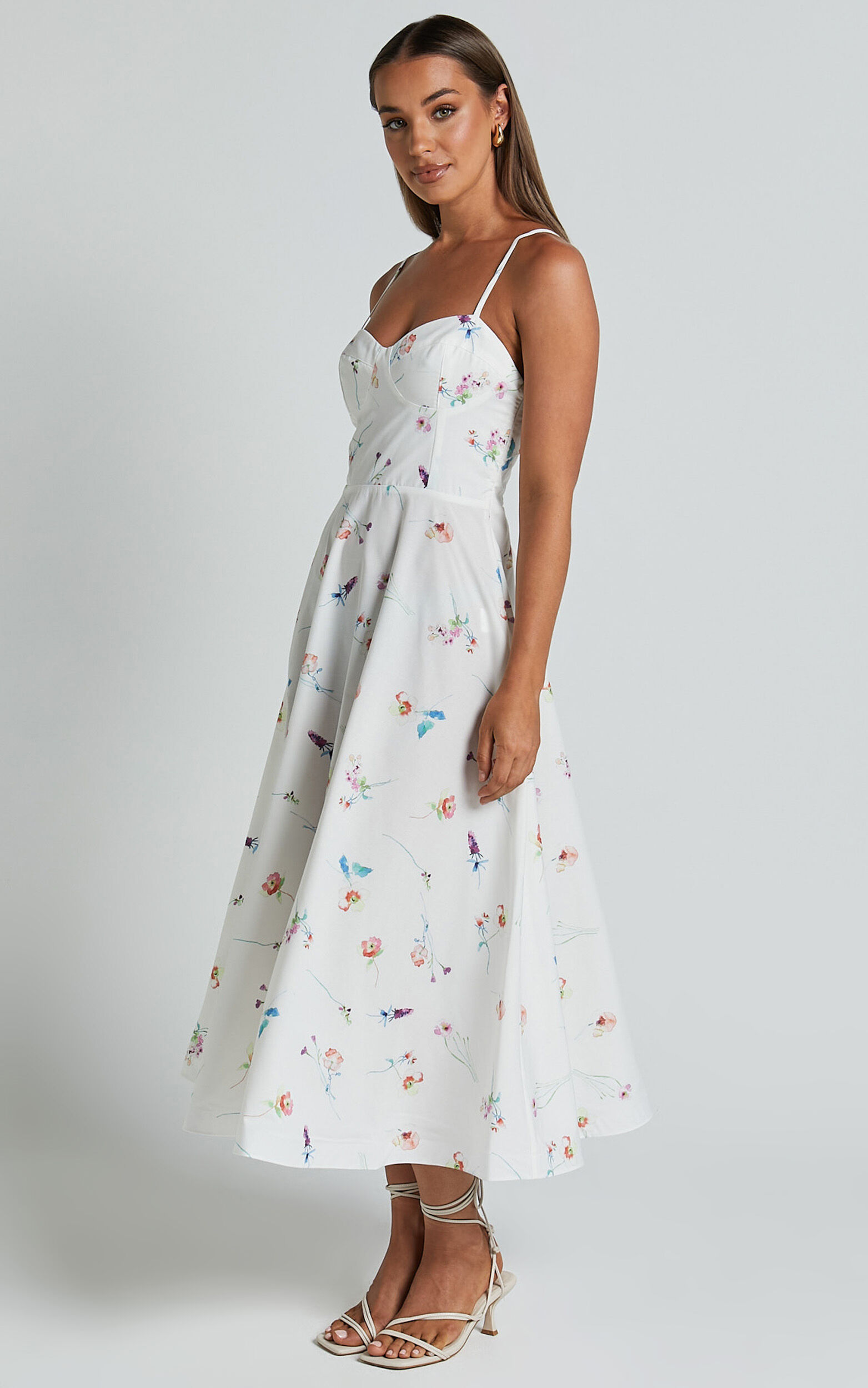 Robertson Midi Dress - Strappy Sweetheart Bustier Flare Dress in Painterly Wild Flower | Showpo USA