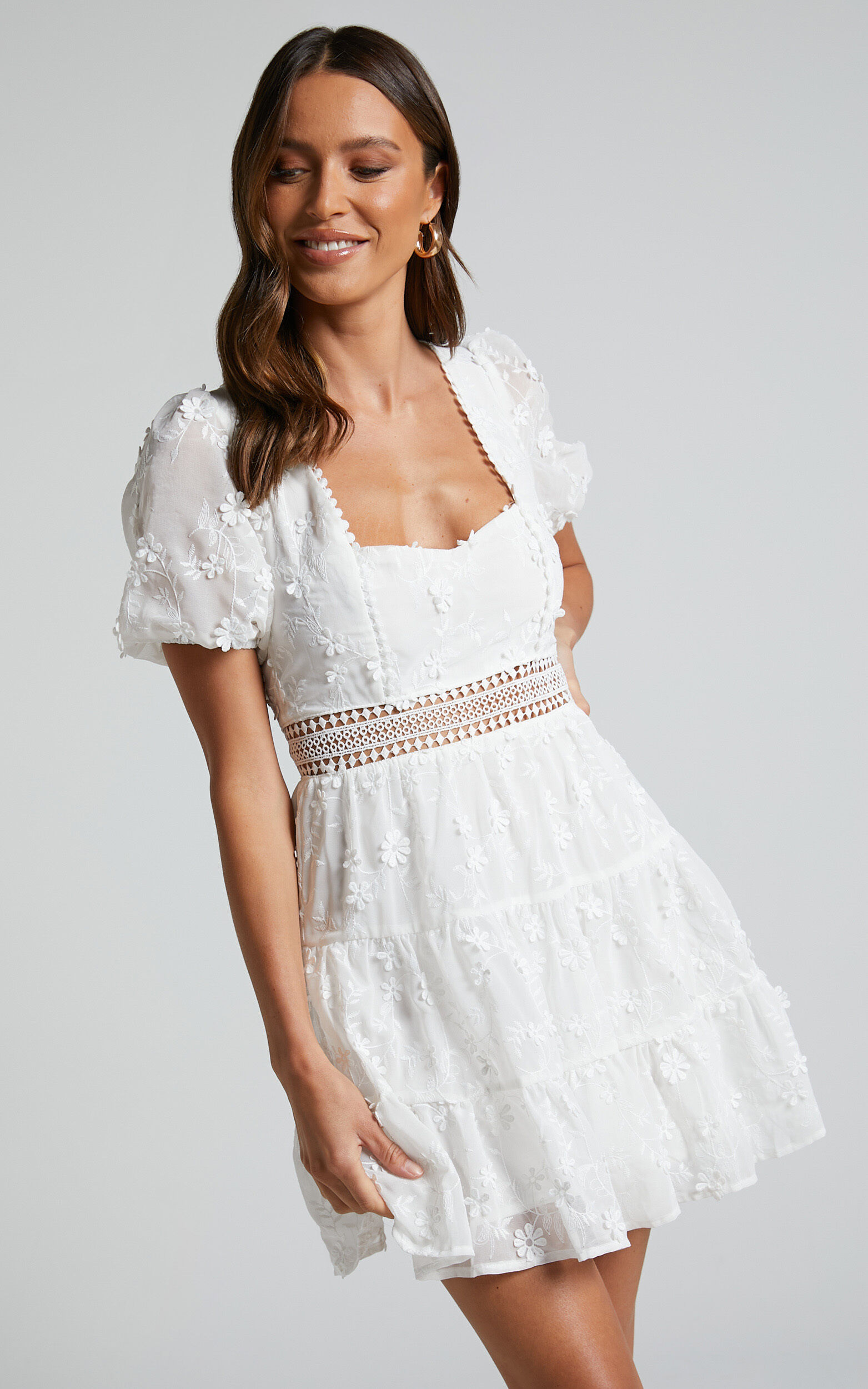 Deiene Mini Dress - Lace Trim Broderie Tiered Dress in White | Showpo USA