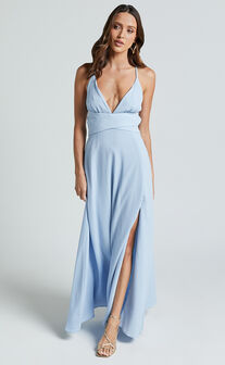Esther Midi Dress - Plunge Backless Thigh Split Dress in Light Blue