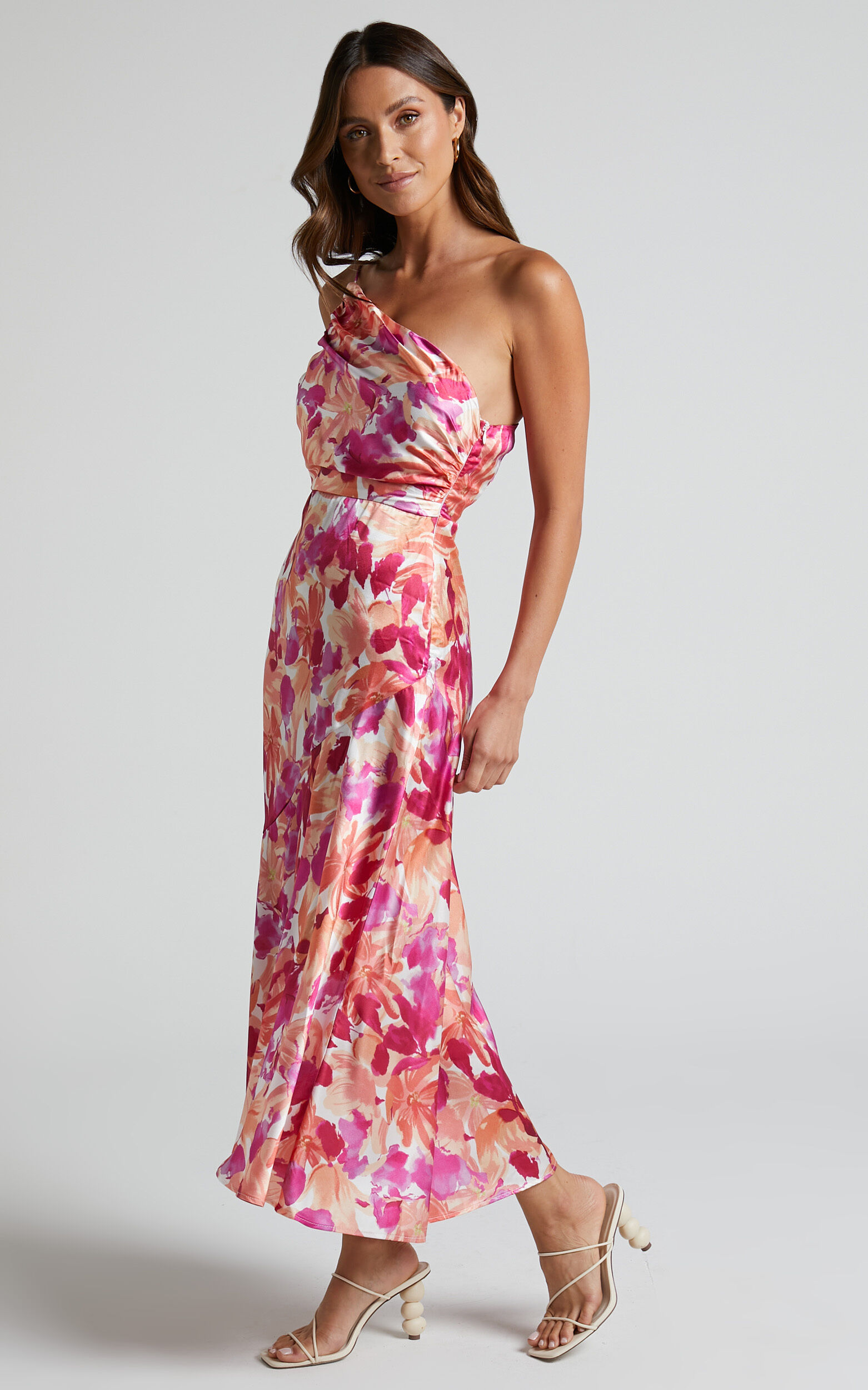 Alyssia Midi Dress - One Shoulder Ruched Satin Dress in Pink Floral |  Showpo USA