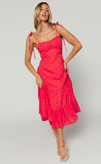 Jovena Midi Dress - Gathered Bodice Tiered Dress in Coral