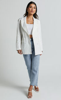 Harriet Blazer- Linen Look Double Breasted Oversized Blazer in White