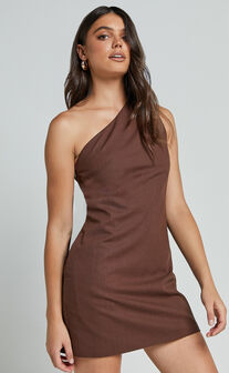 Mardelle Mini Dress - Linen Look Asymmetric One Shoulder Dress in Chocolate